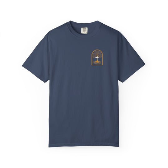 Adam to Noah Tree Tee featuring a gold arched window with a white tree graphic, laid flat. Made of soft, durable, garment-dyed 100% ring-spun cotton.