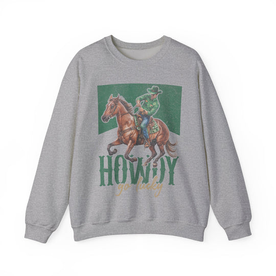 Howdy Go Lucky Crew sweatshirt featuring a man riding a horse graphic, ideal for comfort with a ribbed collar and no side seams.