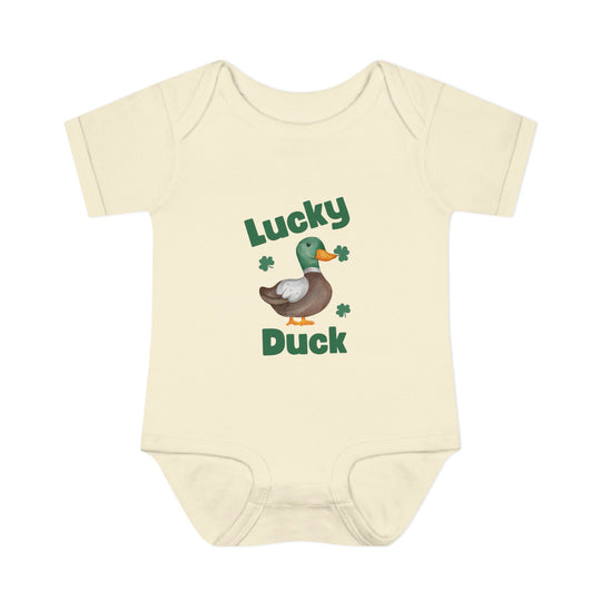 Lucky Duck Onesie featuring a cartoon duck holding a clover, designed for infants with soft, 100% ring-spun cotton and convenient lap shoulders for easy dressing.