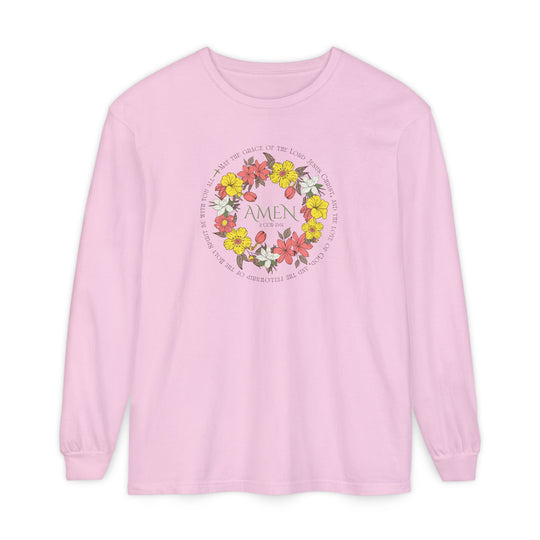 Pastel-pink Amen Long Sleeve Tee featuring a floral wreath with scripture text, made from soft 100% ring-spun cotton for a comfortable, relaxed fit.