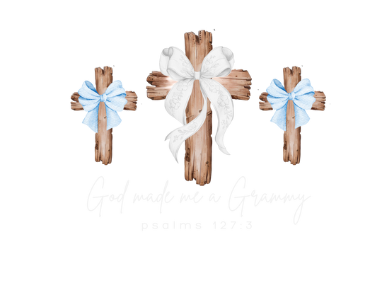 God Made Me Grammy Crew sweatshirt featuring rustic wooden crosses with bows and Psalms 127:3, ideal for comfort and style.