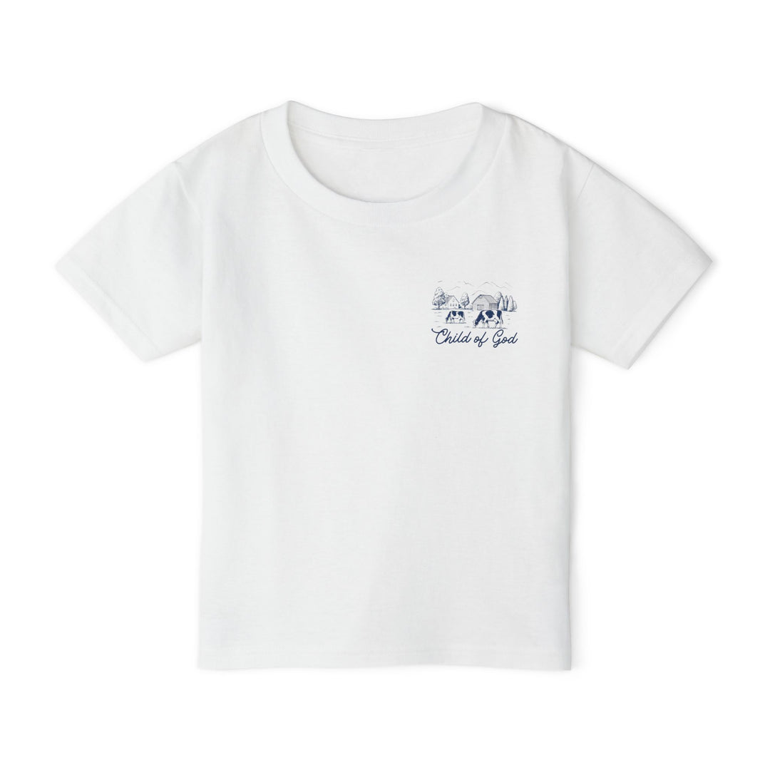 Heavy Cotton™ Toddler T-shirt with a navy farm scene and Child of God text on the chest, offering style and eco-friendly comfort.