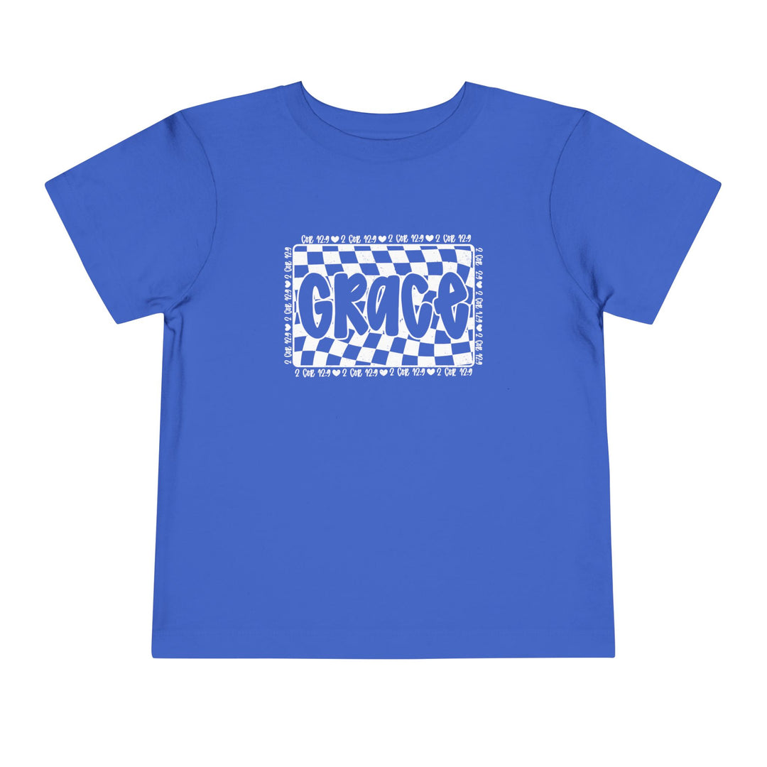 Grace Toddler Tee: A blue shirt with white text, designed for comfort with 100% Airlume cotton, perfect for a stylish and cozy toddler wardrobe.