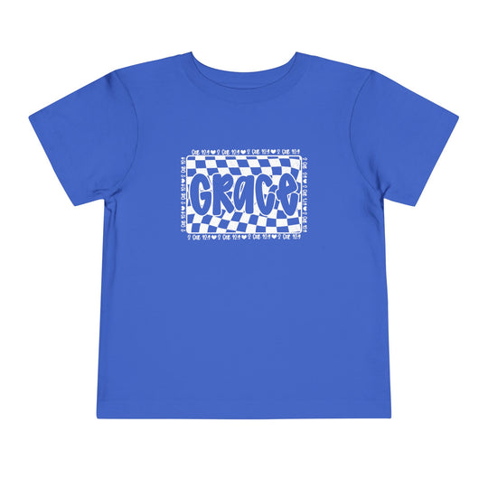 Grace Toddler Tee: A blue shirt with white text, designed for comfort with 100% Airlume cotton, perfect for a stylish and cozy toddler wardrobe.