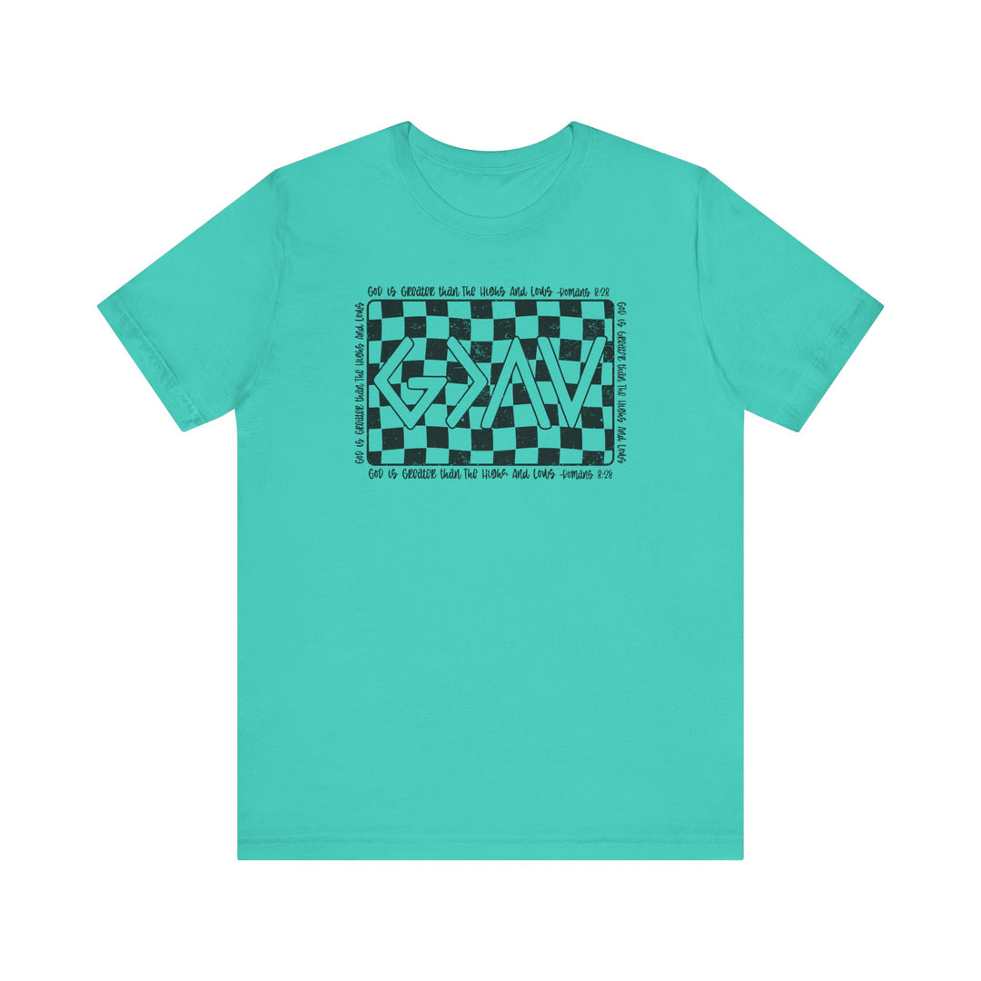 God Highs and Lows Tee: Classic unisex jersey with black and white checkered design, short sleeves, ribbed knit collars, and durable dual side seams.