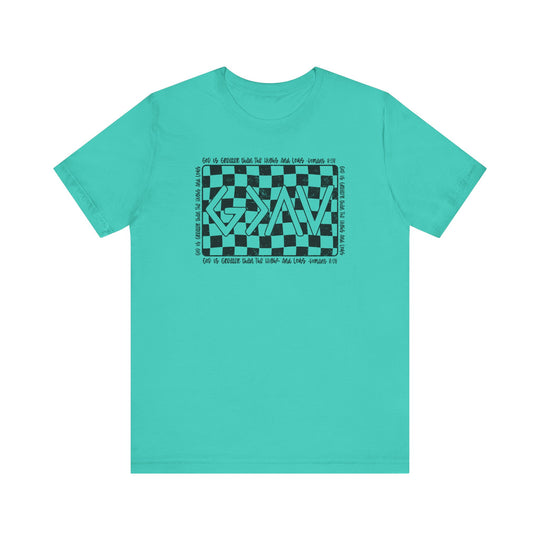 God Highs and Lows Tee: Classic unisex jersey with black and white checkered design, short sleeves, ribbed knit collars, and durable dual side seams.