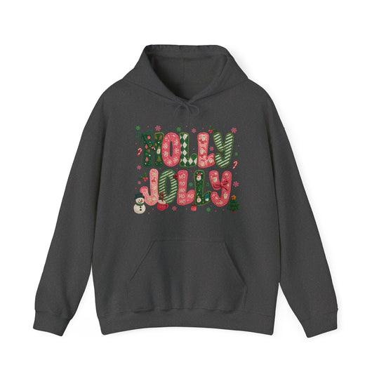 Holly Jolly Hoodie featuring festive candy cane letters and holiday motifs on a dark charcoal-gray pullover, perfect for cozy, stylish winter wear.