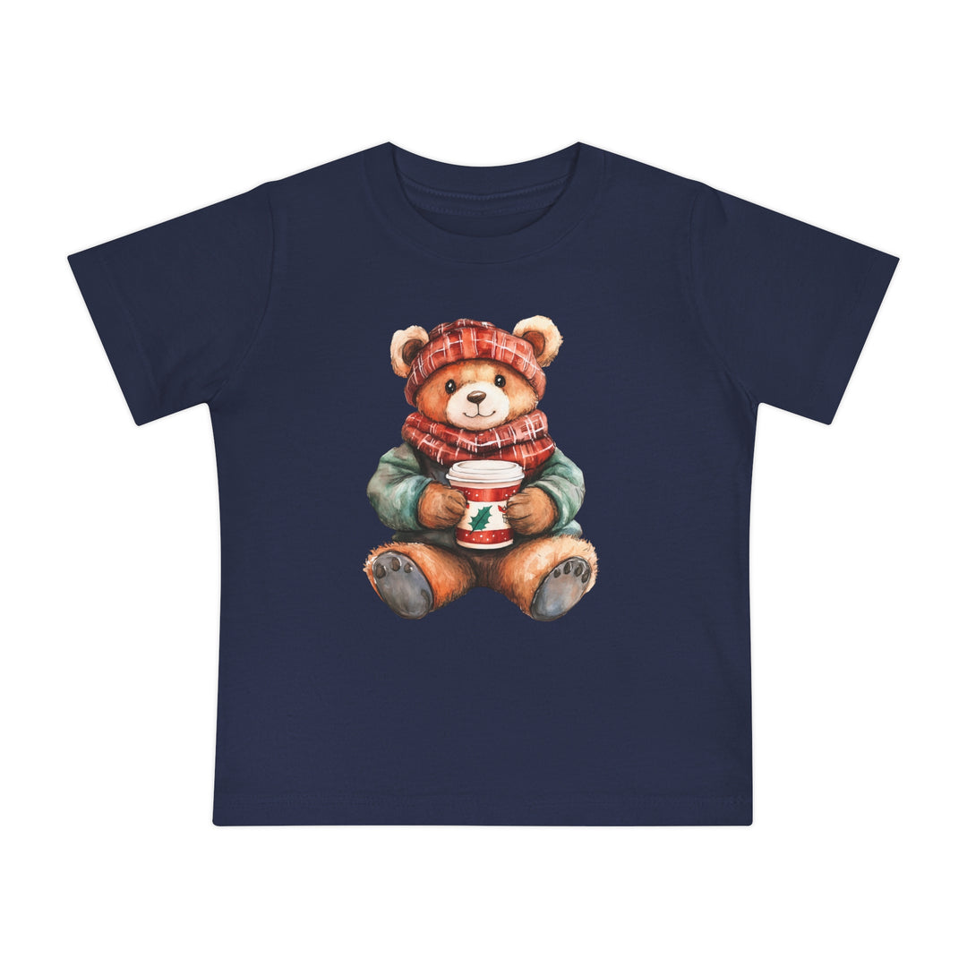 Old Money Baby Tee: Navy-blue T-shirt featuring a teddy bear in winter attire holding a festive cup, made from soft, durable, pre-shrunk cotton for comfort and style.