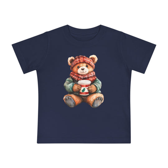Old Money Baby Tee: Navy-blue T-shirt featuring a teddy bear in winter attire holding a festive cup, made from soft, durable, pre-shrunk cotton for comfort and style.
