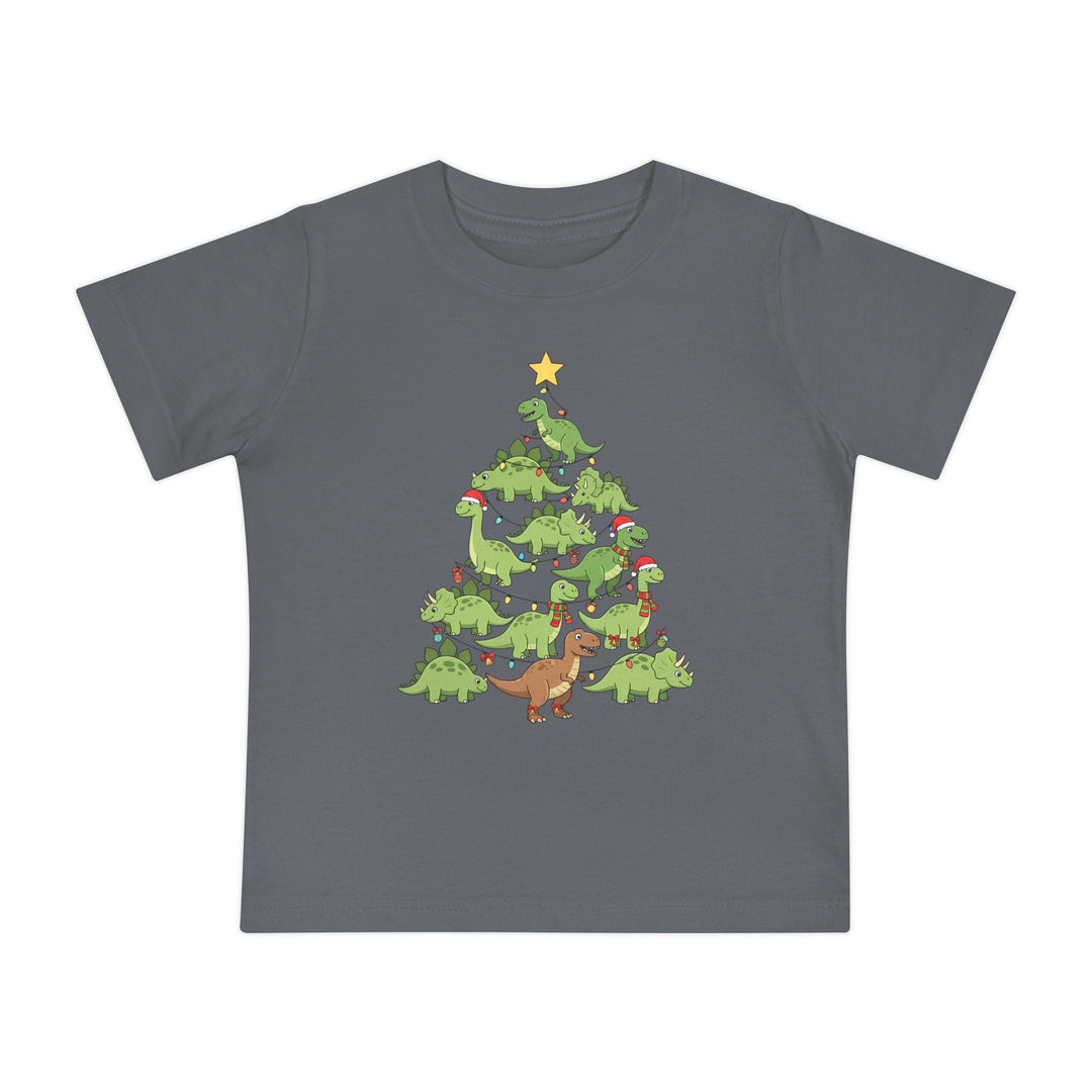 Dino Tree Baby Tee: Slate gray children's T-shirt featuring green cartoon dinosaurs stacked as a Christmas tree with decorations, perfect for style-conscious, comfort-seeking families.