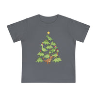 Dino Tree Baby Tee: Slate gray children's T-shirt featuring green cartoon dinosaurs stacked as a Christmas tree with decorations, perfect for style-conscious, comfort-seeking families.