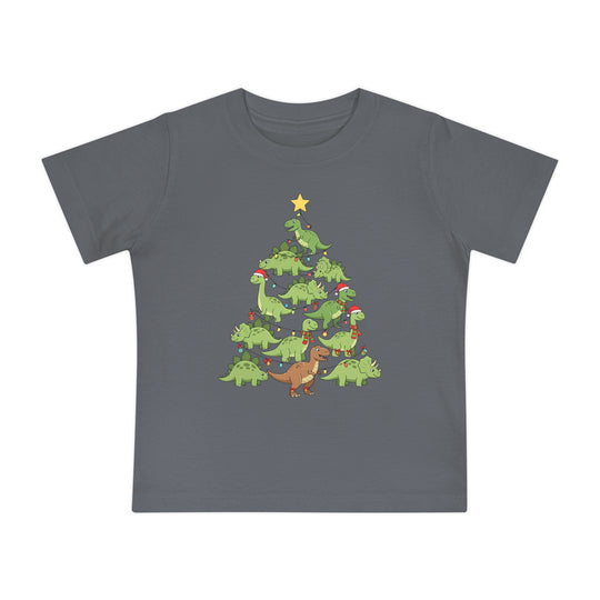 Dino Tree Baby Tee: Slate gray children's T-shirt featuring green cartoon dinosaurs stacked as a Christmas tree with decorations, perfect for style-conscious, comfort-seeking families.