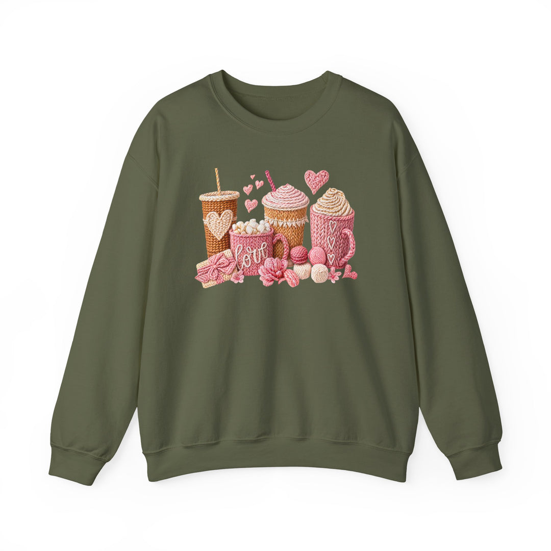 Olive-green crewneck sweatshirt with whimsical yarn-inspired graphic of knit-style hot drinks, hearts, and love motif in soft hues, ideal for cozy comfort.