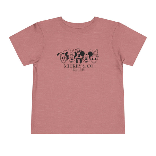 Mickey & CO Toddler Tee featuring lightweight, 100% Airlume combed cotton for comfort, tear-away label, and available in various sizes for a custom fit.