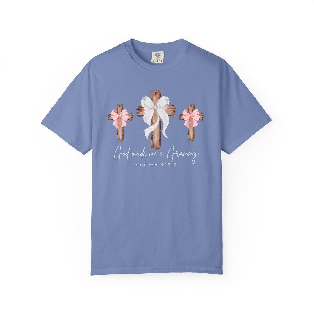 Periwinkle tee with three wooden crosses and bows, featuring God made me a Grammy and Psalms 127:3 in script and block lettering.