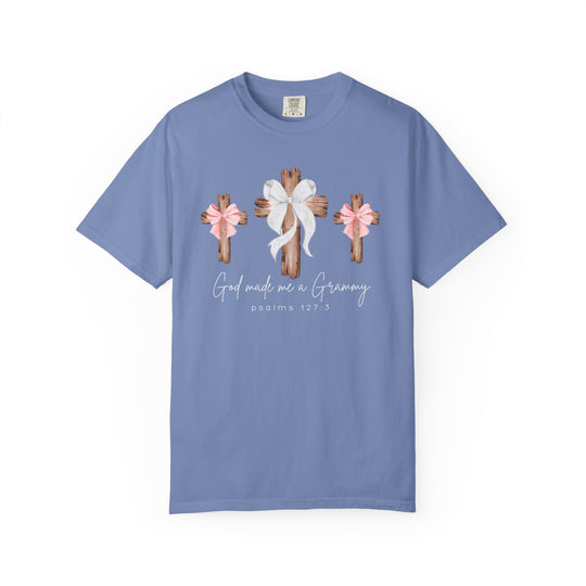 Periwinkle tee with three wooden crosses and bows, featuring God made me a Grammy and Psalms 127:3 in script and block lettering.