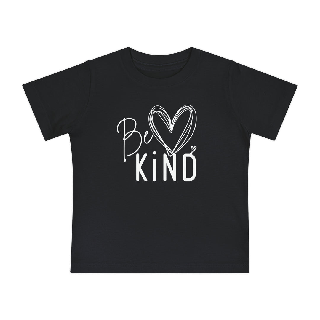 Be Kind Baby Tee features 'Be Kind' with a heart on a black T-shirt, perfect for infants' stylish comfort from Faith Family Designs.