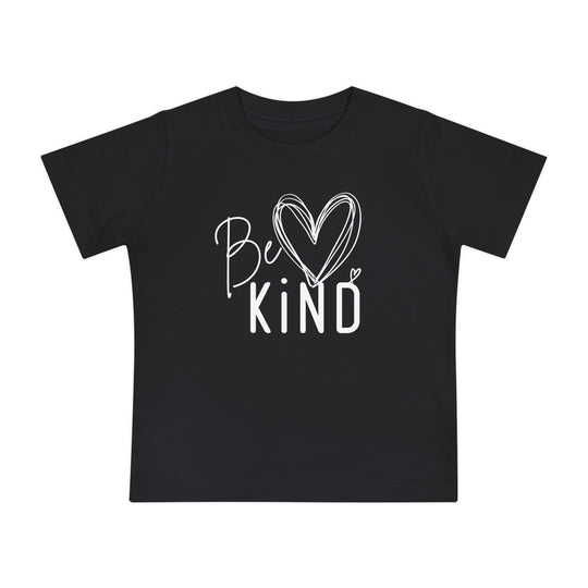 Be Kind Baby Tee features 'Be Kind' with a heart on a black T-shirt, perfect for infants' stylish comfort from Faith Family Designs.