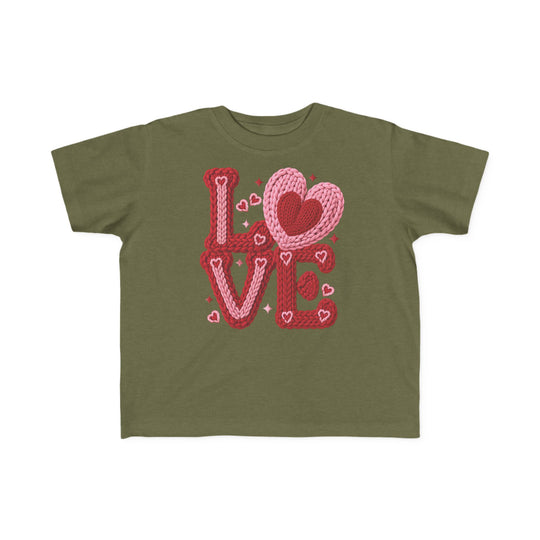 Love Heart Toddler Tee featuring a yarn-inspired LOVE graphic with hearts, ideal for sensitive skin, made from soft, durable cotton.