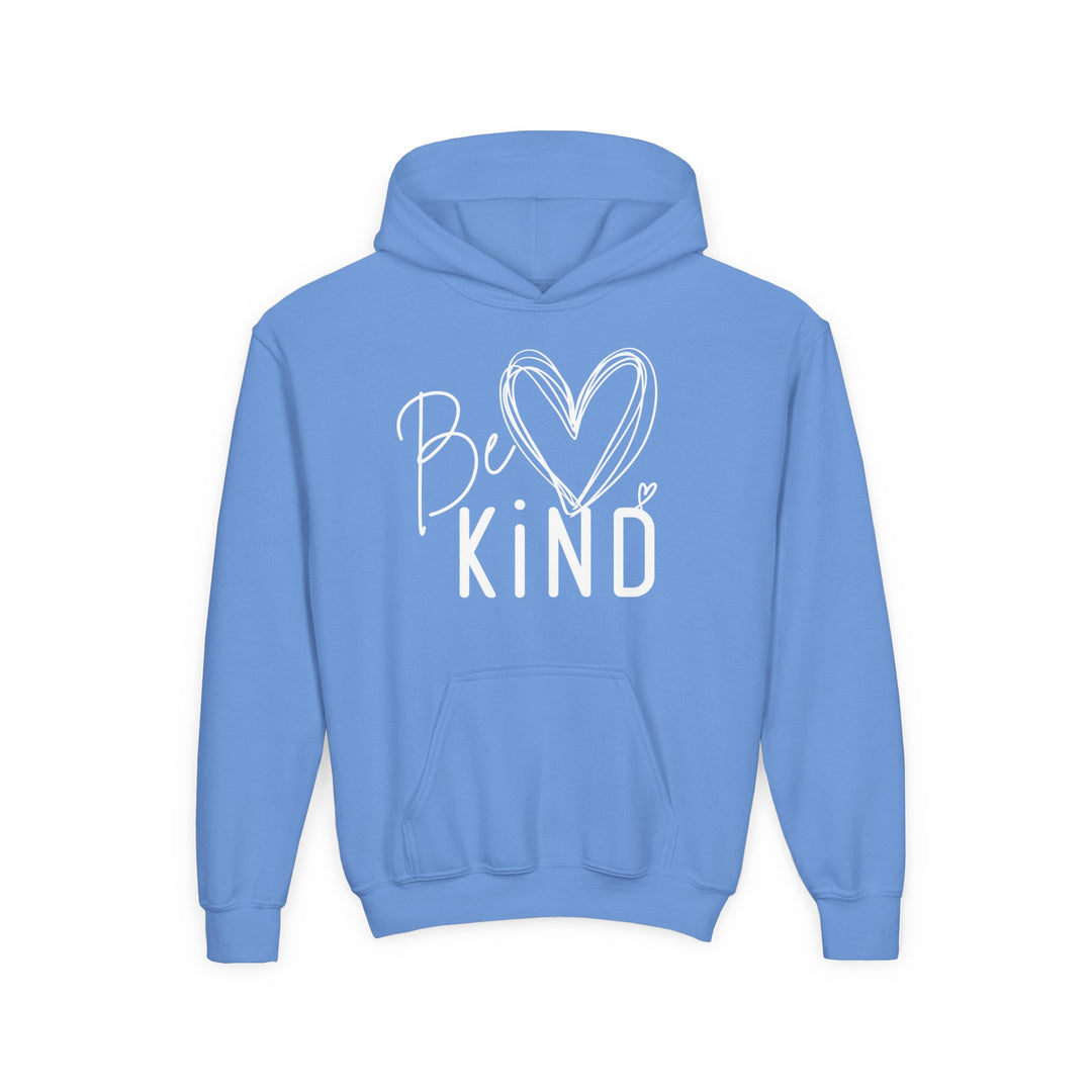 Be Kind Youth Hoodie with a hand-drawn heart, featuring a kangaroo pocket and reinforced neck, crafted from soft, preshrunk fleece for comfort and durability.