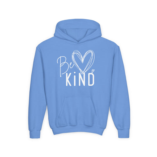 Be Kind Youth Hoodie with a hand-drawn heart, featuring a kangaroo pocket and reinforced neck, crafted from soft, preshrunk fleece for comfort and durability.