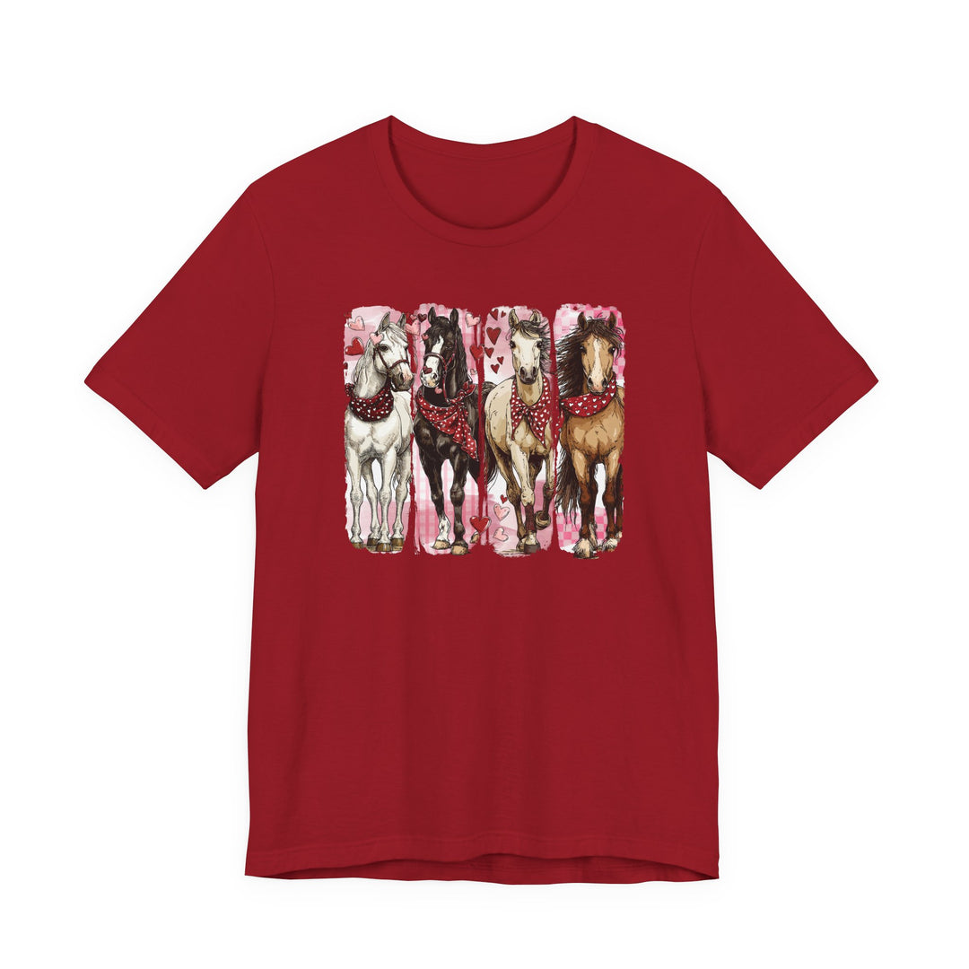 Horse Valentine Tee featuring four bandana-clad horses against heart-patterned panels. Playful, soft cotton, unisex design perfect for Valentine's Day.