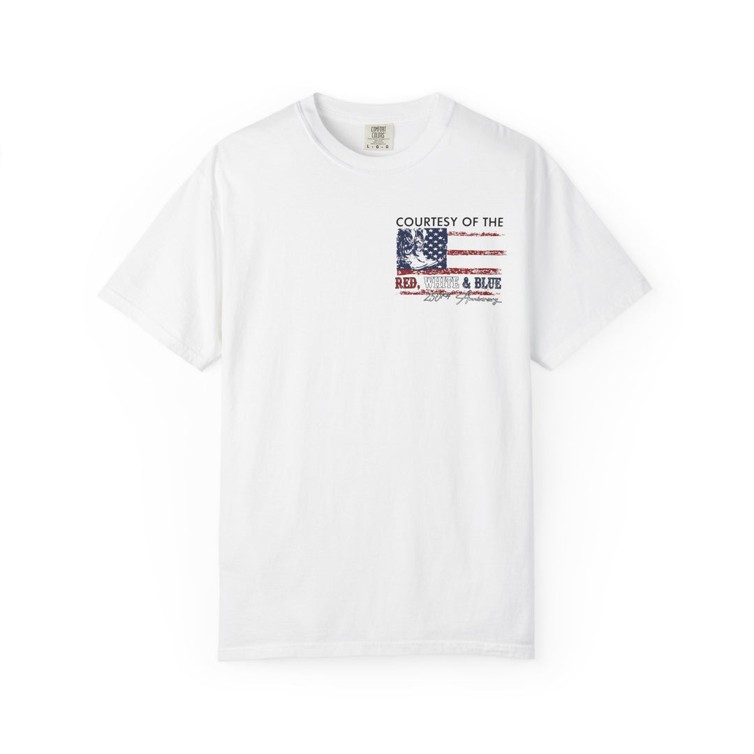 Courtesy of the USA Tee features a distressed U.S. flag and bootprint graphic, celebrating the 250th Anniversary. Made from soft, durable Comfort Colors fabric.