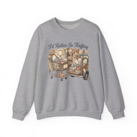 I'd Rather Be Thrifting Crew: Heather-gray sweatshirt with thrift-haul scene, featuring shopping cart and vintage finds, perfect for comfort and style.