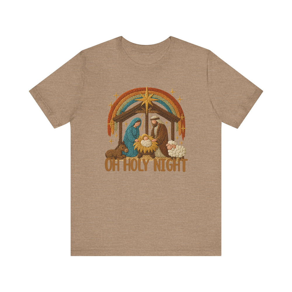 Oh Holy Night Tee featuring an embroidered-style nativity scene with Mary, Joseph, and baby Jesus under a star, perfect for festive, faith-inspired wear.