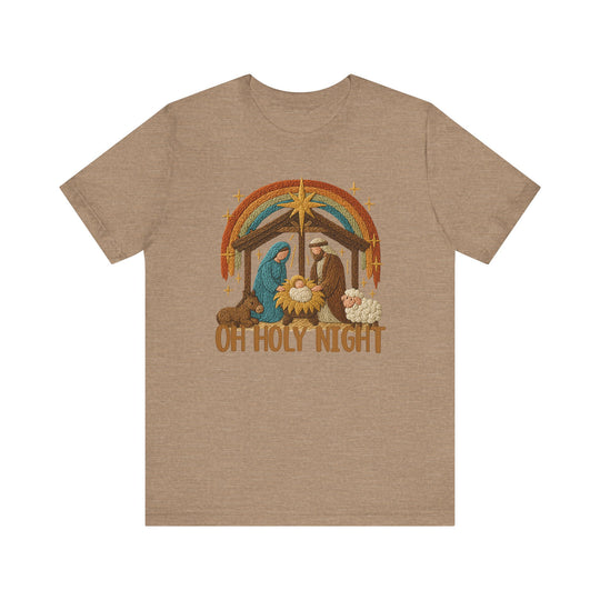 Oh Holy Night Tee featuring an embroidered-style nativity scene with Mary, Joseph, and baby Jesus under a star, perfect for festive, faith-inspired wear.