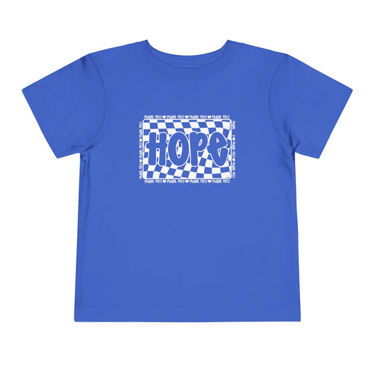 Hope Toddler Tee, a blue checkered short sleeve shirt for kids, crafted from soft Airlume cotton, ideal for everyday wear.