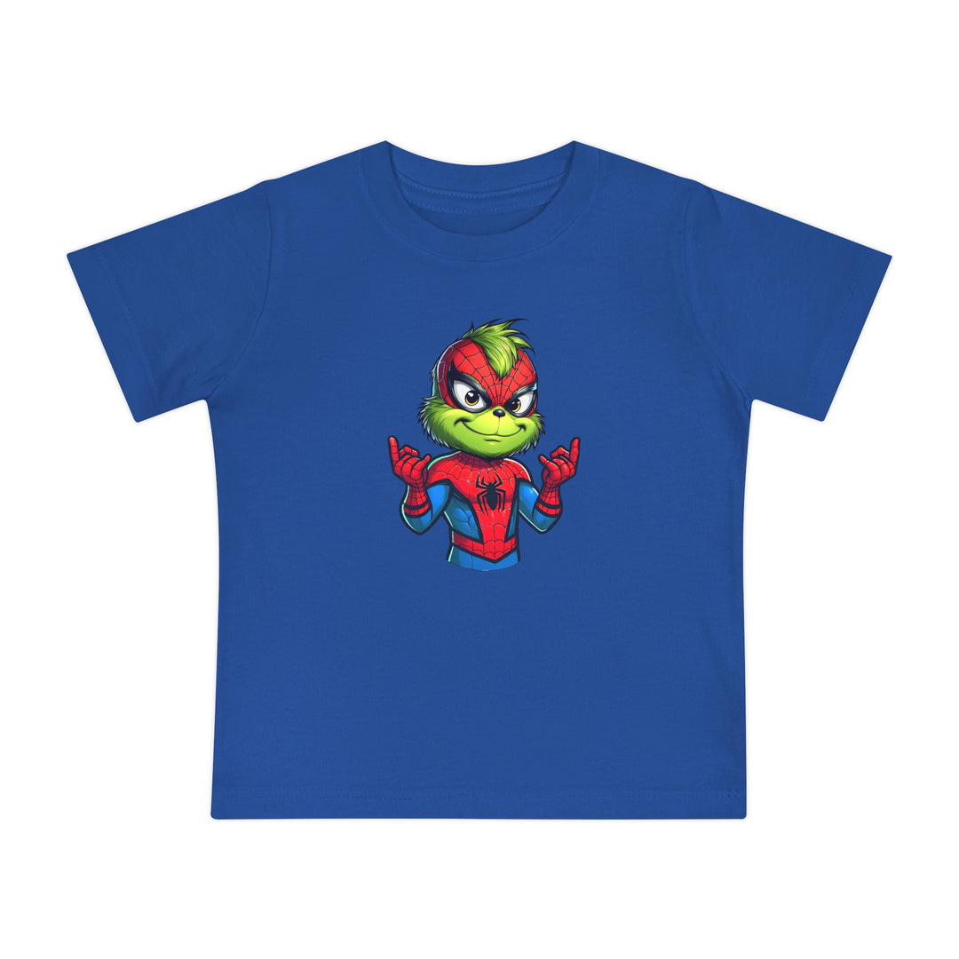 Spider Baby Tee featuring the Grinch in a Spider-Man suit, perfect for your child's stylish first steps. Soft, durable, and shrink-resistant for babies 3-24 months.