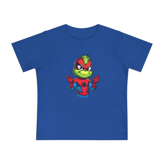 Spider Baby Tee featuring the Grinch in a Spider-Man suit, perfect for your child's stylish first steps. Soft, durable, and shrink-resistant for babies 3-24 months.