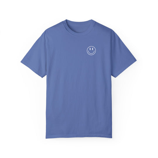Be the reason Tee: Blue t-shirt with smiley face graphic. 100% ring-spun cotton, garment-dyed for coziness. Relaxed fit, durable double-needle stitching, no side-seams for tubular shape. Worlds Worst Tees.