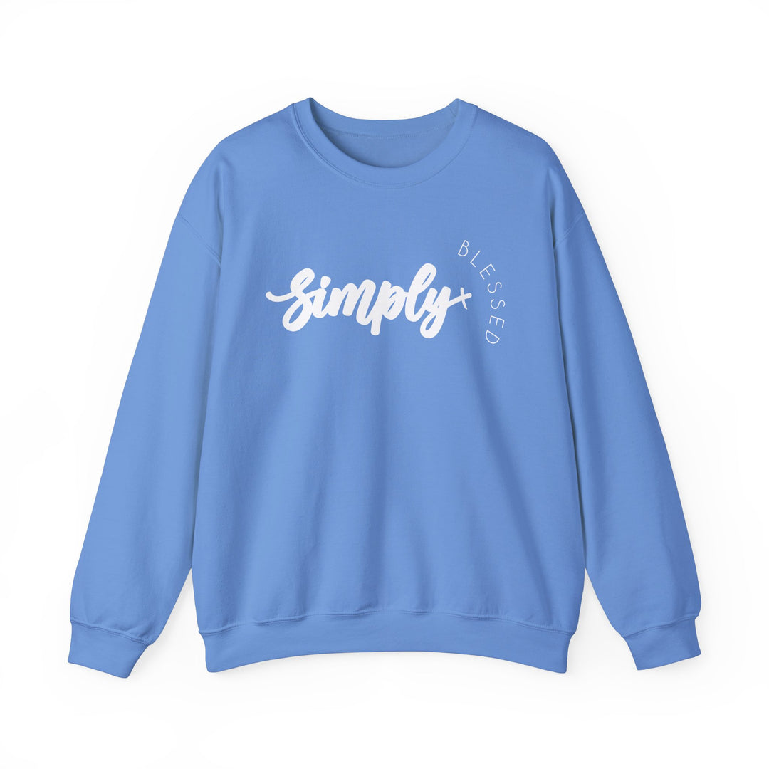 Simply Blessed Crew sweatshirt, blue with white text, unisex, ribbed knit collar, polyester-cotton blend for comfort and durability, medium-heavy fabric, loose fit, ideal for casual wear.
