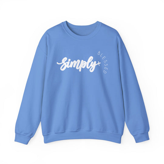 Simply Blessed Crew sweatshirt, blue with white text, unisex, ribbed knit collar, polyester-cotton blend for comfort and durability, medium-heavy fabric, loose fit, ideal for casual wear.