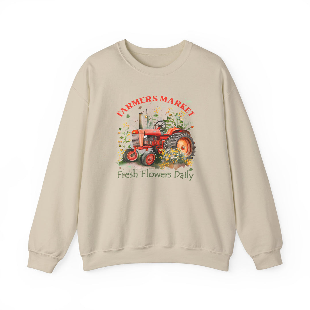 A comfortable unisex crewneck sweatshirt featuring a tractor design and fresh flowers. Made of 50% cotton and 50% polyester, with ribbed knit collar and no itchy side seams. Sizes from S to 5XL.