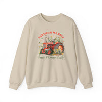 A comfortable unisex crewneck sweatshirt featuring a tractor design and fresh flowers. Made of 50% cotton and 50% polyester, with ribbed knit collar and no itchy side seams. Sizes from S to 5XL.