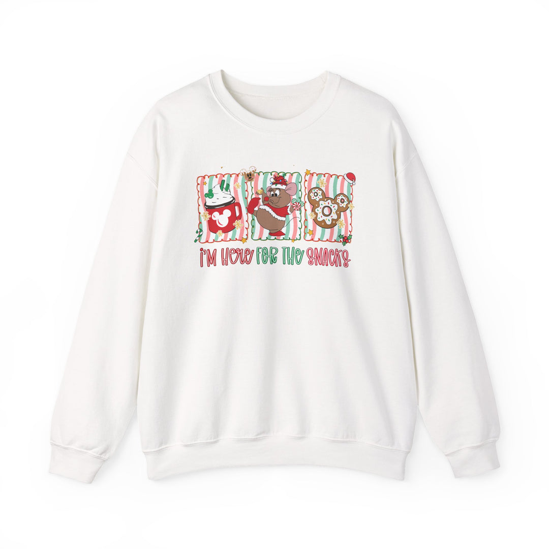 Here for the Snacks Crew sweatshirt features festive panels with hot cocoa, Gus-Gus, and a Mickey-shaped gingerbread, embodying holiday spirit and comfort.