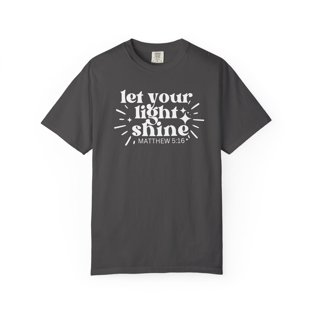Charcoal tee with inspirational “Let Your Light Shine Matthew 5:16” design, featuring sparkles and rays, crafted from soft, durable 100% ring-spun cotton.