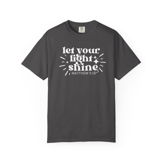 Charcoal tee with inspirational “Let Your Light Shine Matthew 5:16” design, featuring sparkles and rays, crafted from soft, durable 100% ring-spun cotton.