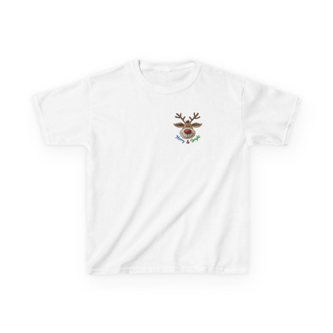 Merry and Bright Kids Tee: A white short-sleeve T-shirt featuring a cartoon reindeer graphic and Merry & Bright text, ideal for everyday wear.