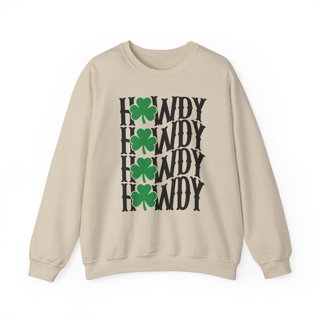 Howdy Lucky Crew sweatshirt featuring black text and green clovers, offering a cozy, loose fit with a ribbed knit collar for comfort and durability.