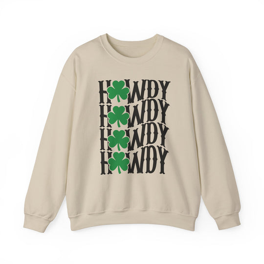 Howdy Lucky Crew sweatshirt featuring black text and green clovers, offering a cozy, loose fit with a ribbed knit collar for comfort and durability.