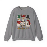 Light-gray crewneck sweatshirt featuring three cartoon ducks in festive attire, perfect for holiday cheer and comfort with a durable, cozy polyester-cotton blend.