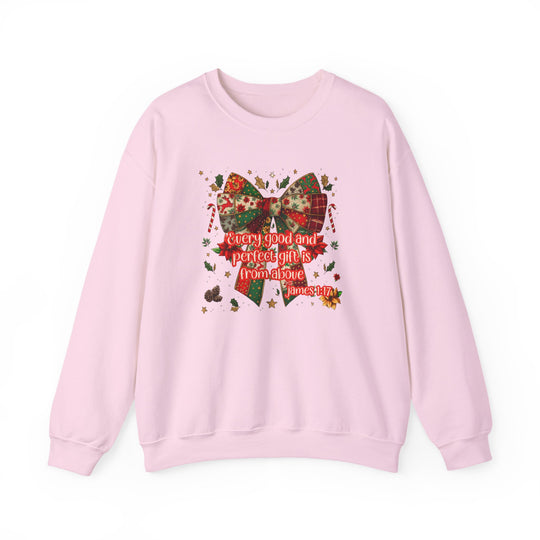 Light pink crewneck sweatshirt with a patchwork Christmas bow, festive accents, and Every good and perfect gift is from above James 1:17 text.