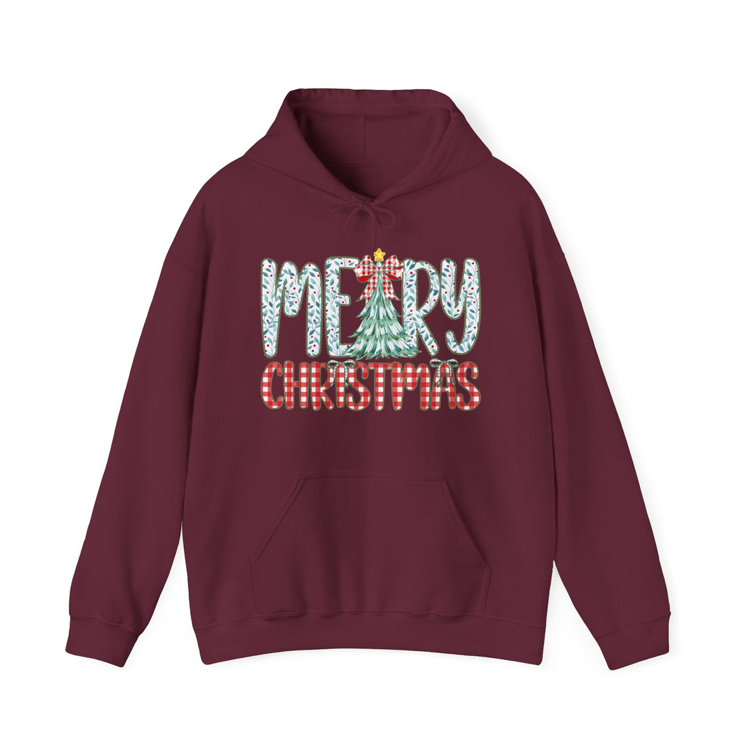 Burgundy Tree Christmas Hoodie with a festive MERRY CHRISTMAS design, featuring a holly-leaf MERRY and plaid CHRISTMAS, ideal for cozy, stylish holiday warmth.