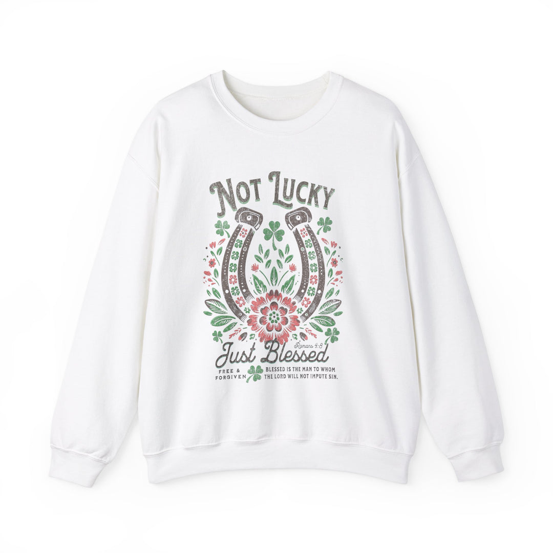 Blessed Crew sweatshirt featuring a detailed horseshoe and floral design, crafted from a comfortable polyester-cotton blend with a ribbed knit collar.
