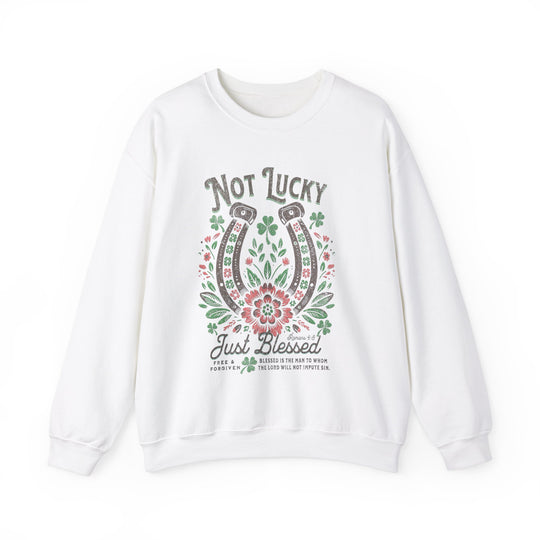 Blessed Crew sweatshirt featuring a detailed horseshoe and floral design, crafted from a comfortable polyester-cotton blend with a ribbed knit collar.