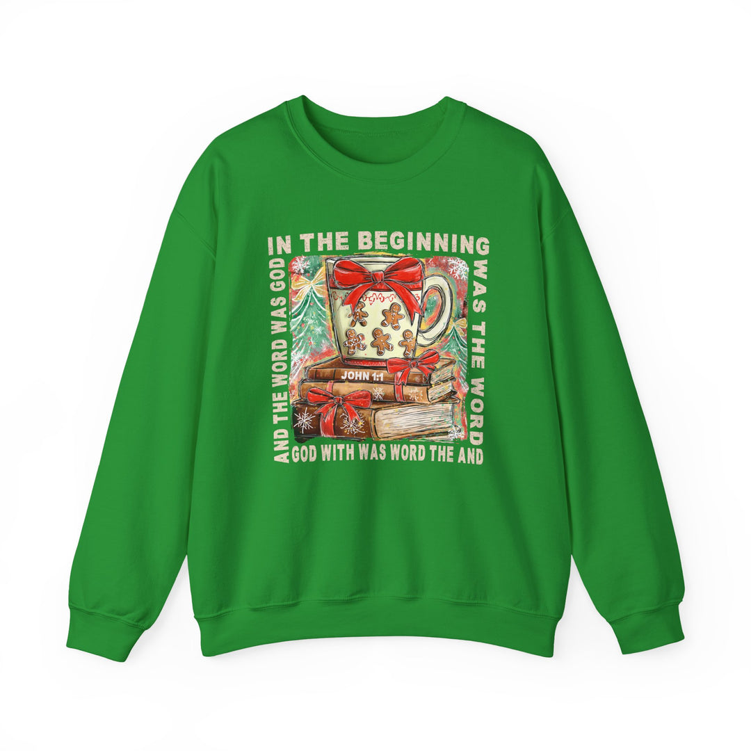 In the Beginning Crew sweatshirt features a festive mug with gingerbread cookies, ribboned books, and John 1:1 scripture, blending holiday charm and faith.
